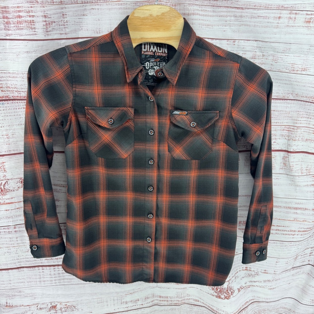 Dixxon Flannel Company Shirt Womens Large RevZilla Open It Up Orange Black Plaid